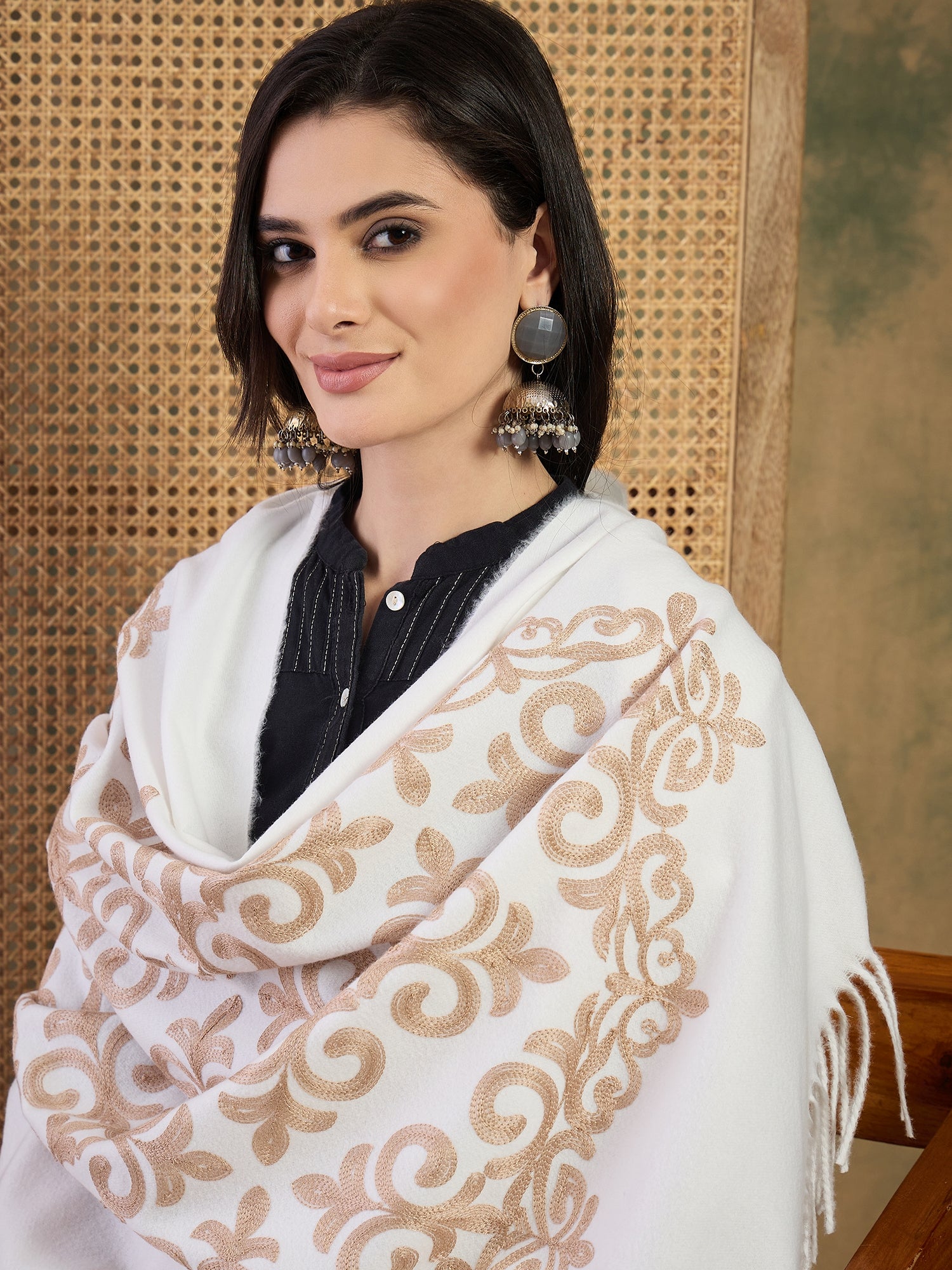 White Aari Work Shawl