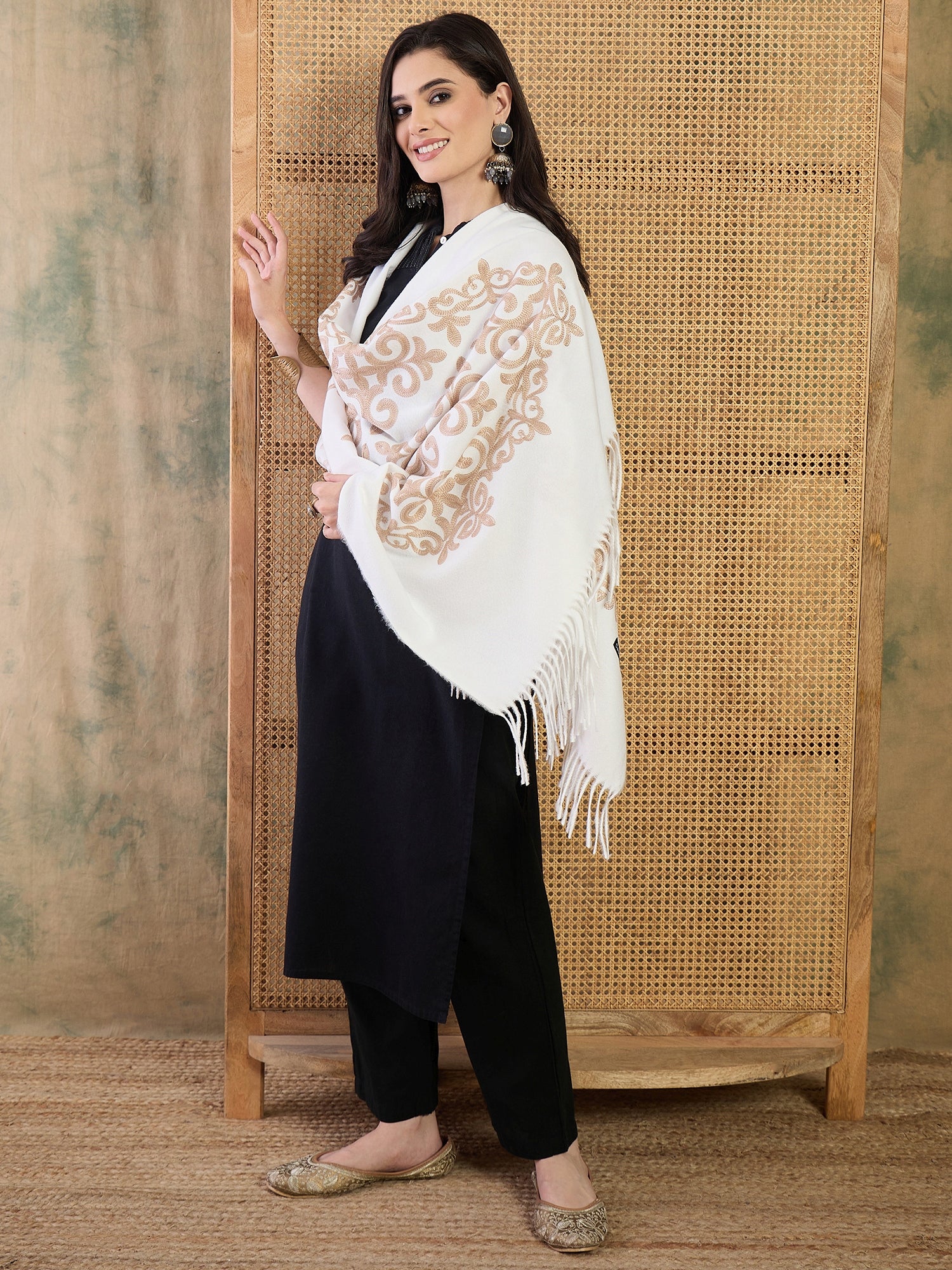 White Aari Work Shawl