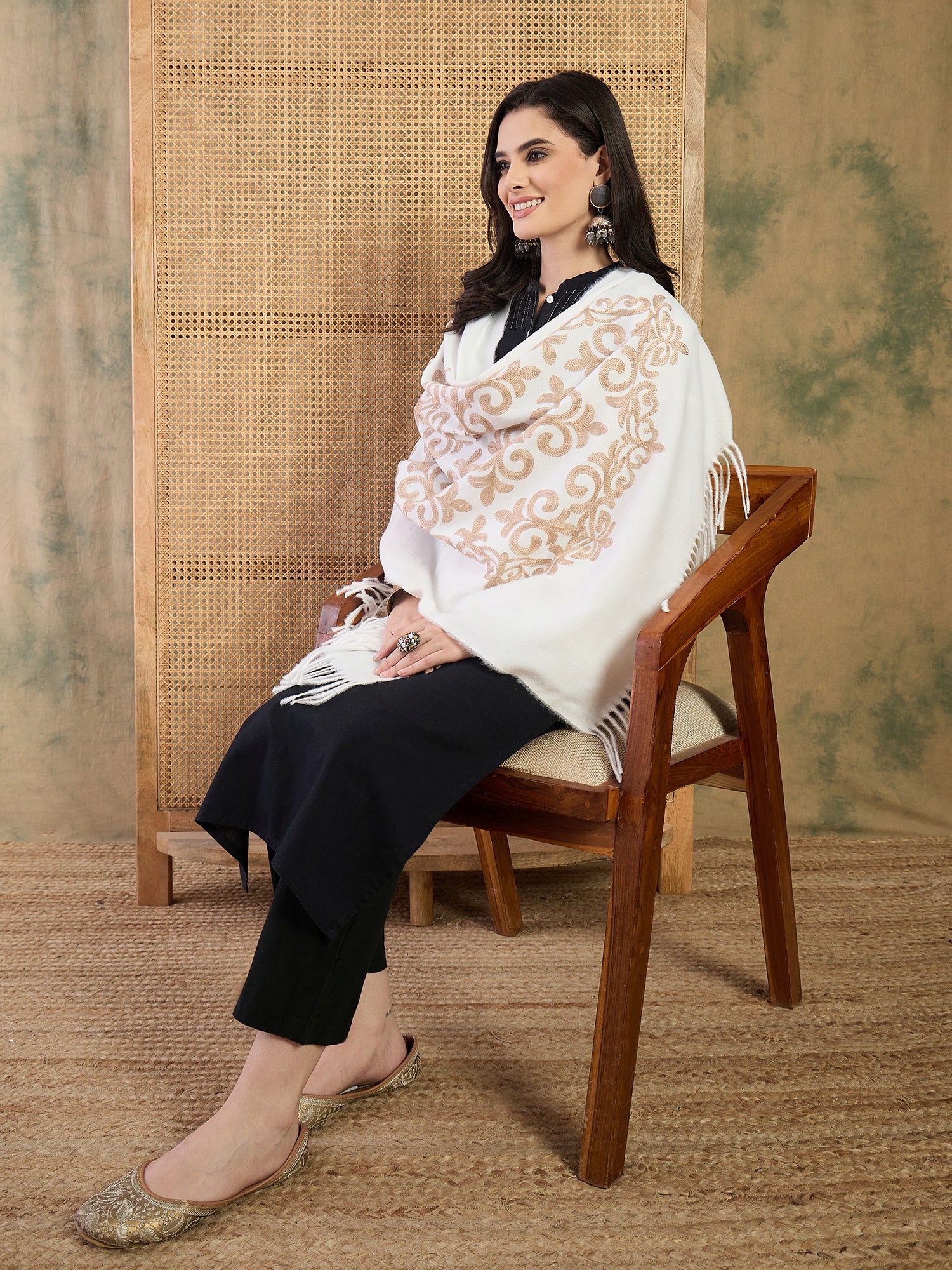 White Aari Work Shawl