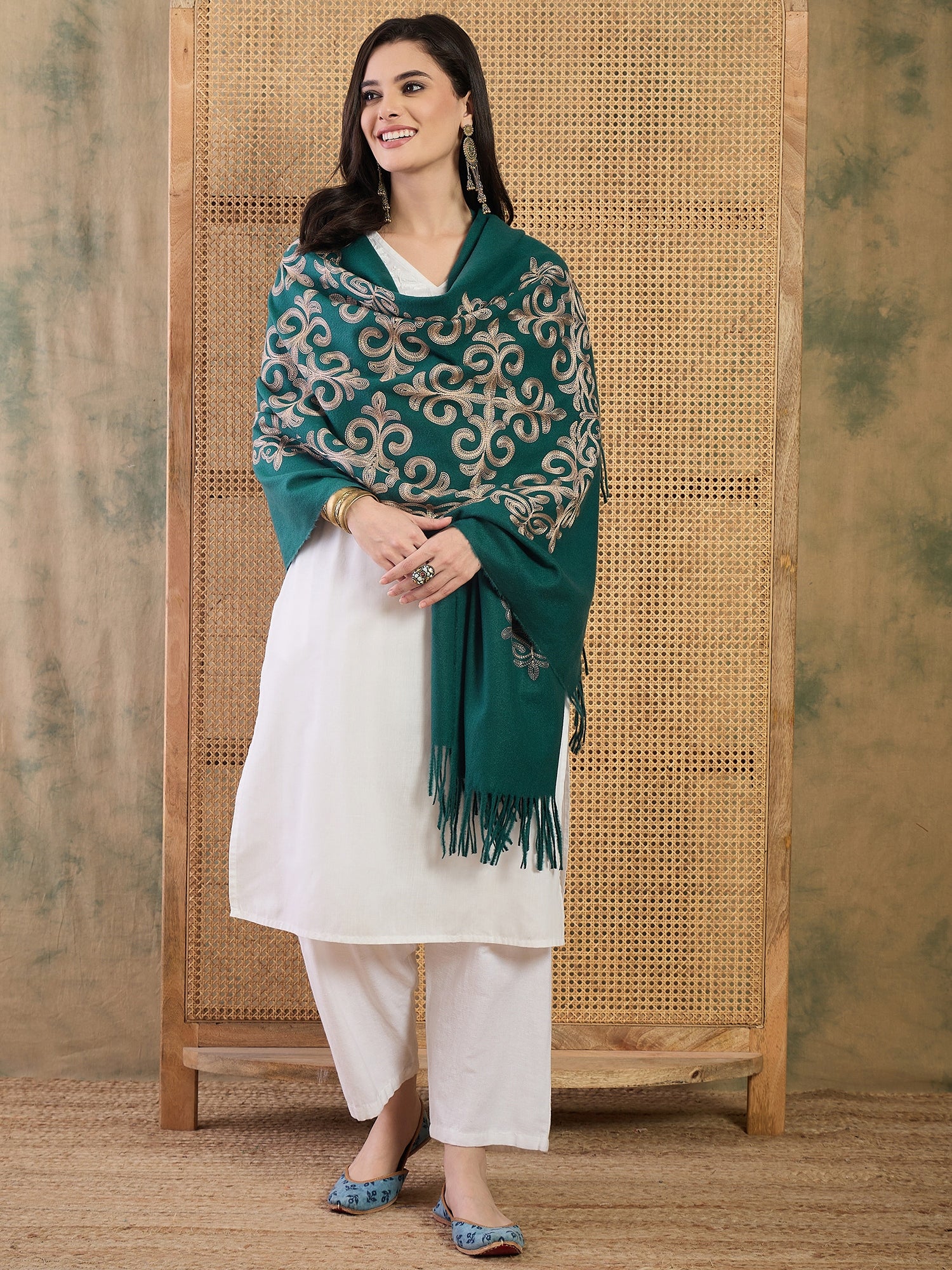 Dark Teal Aari Work Shawl