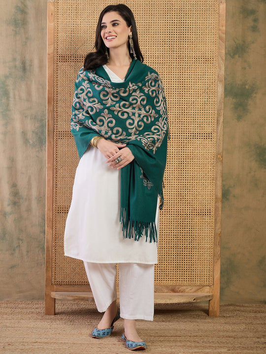 Dark Teal Aari Work Shawl