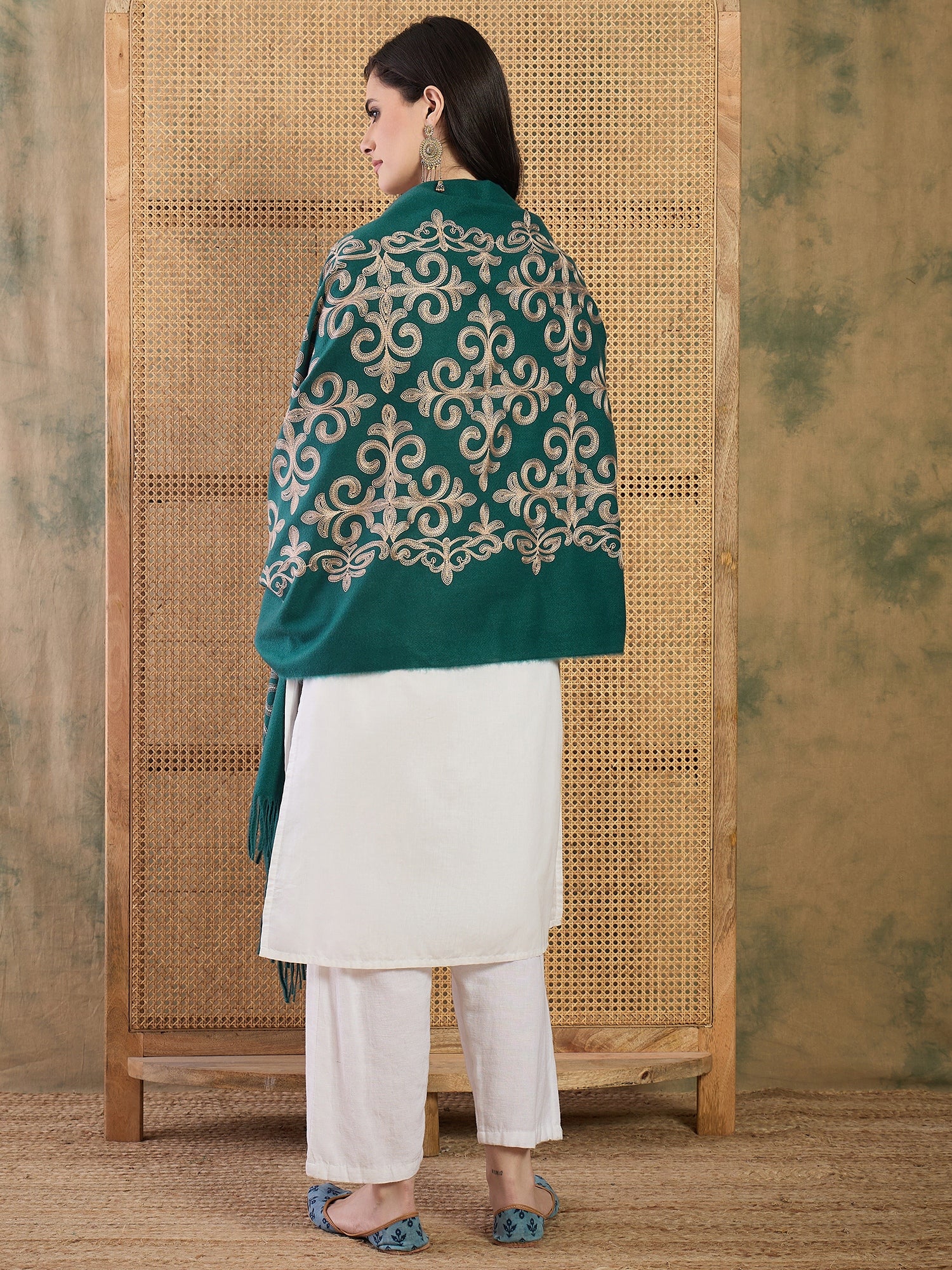 Dark Teal Aari Work Shawl