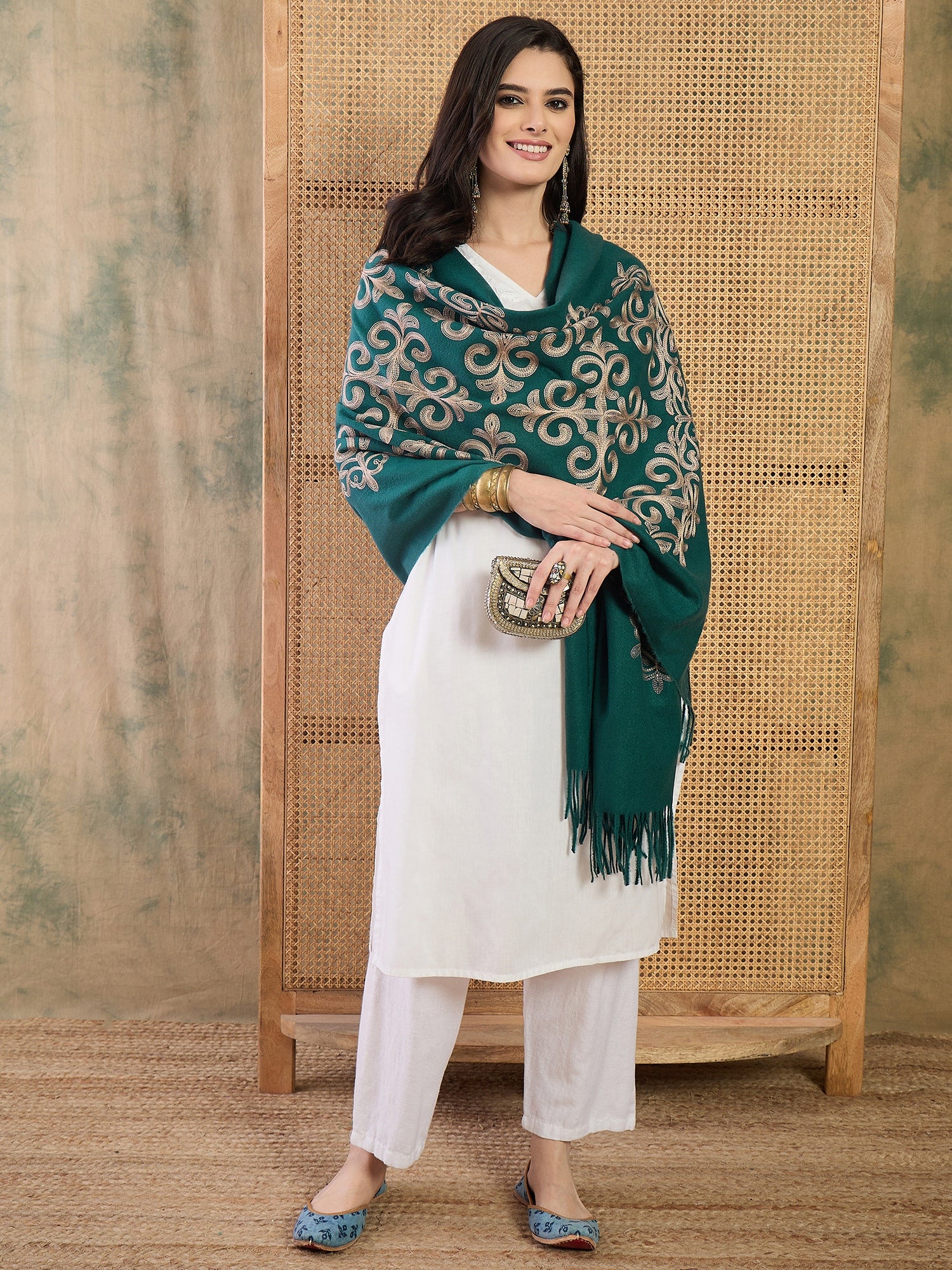 Dark Teal Aari Work Shawl