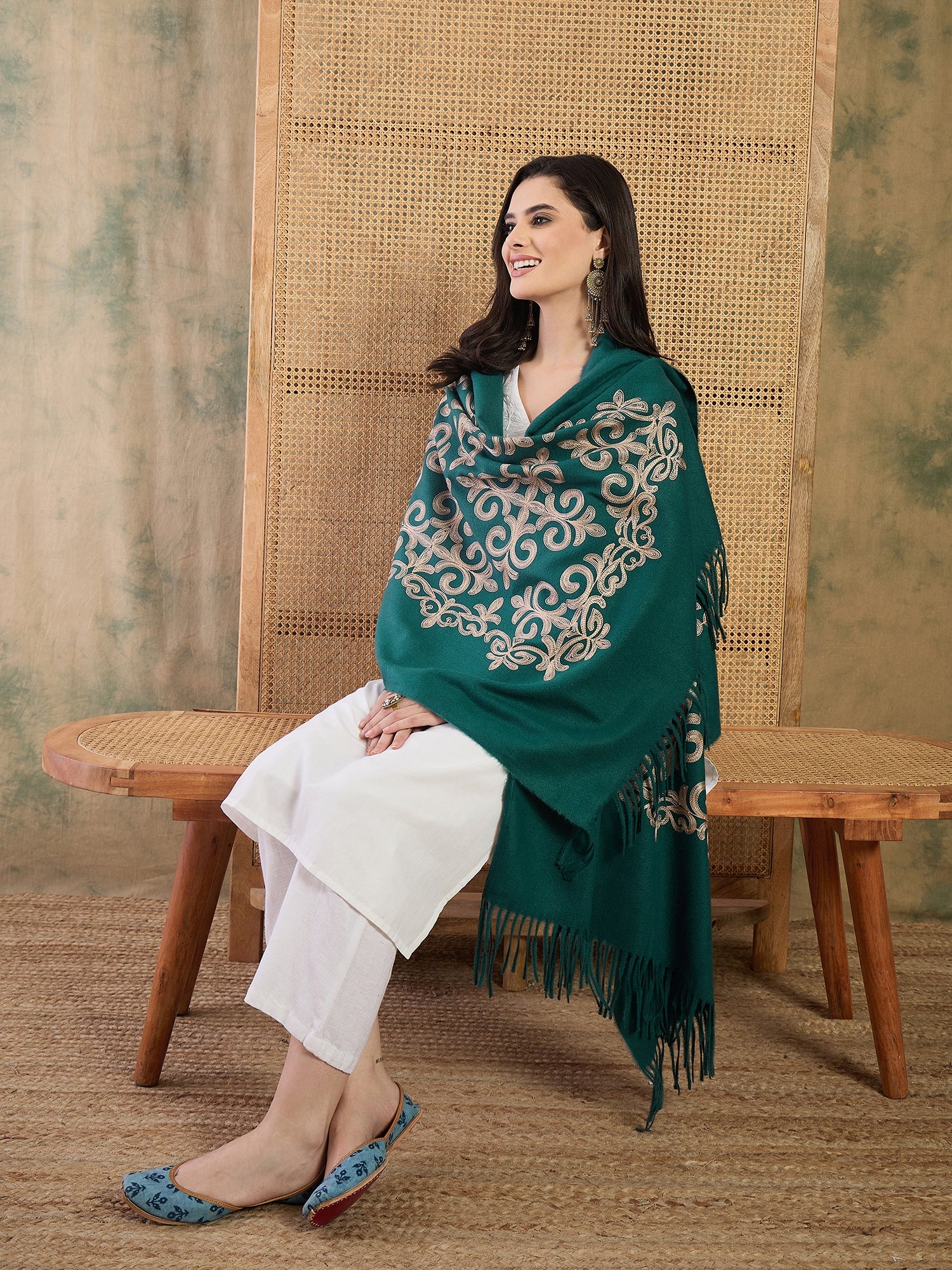 Dark Teal Aari Work Shawl