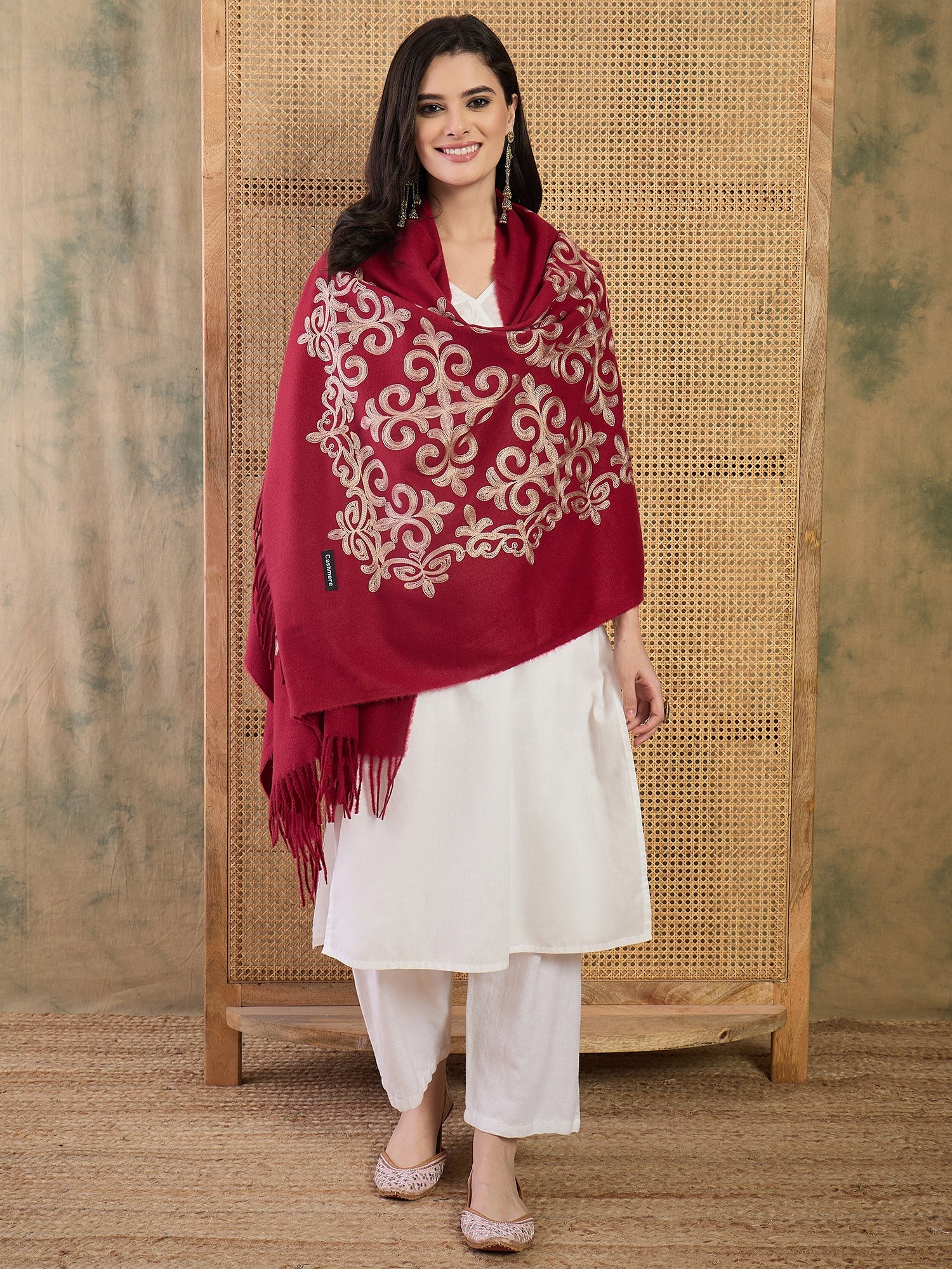 Red Aari Work Shawl