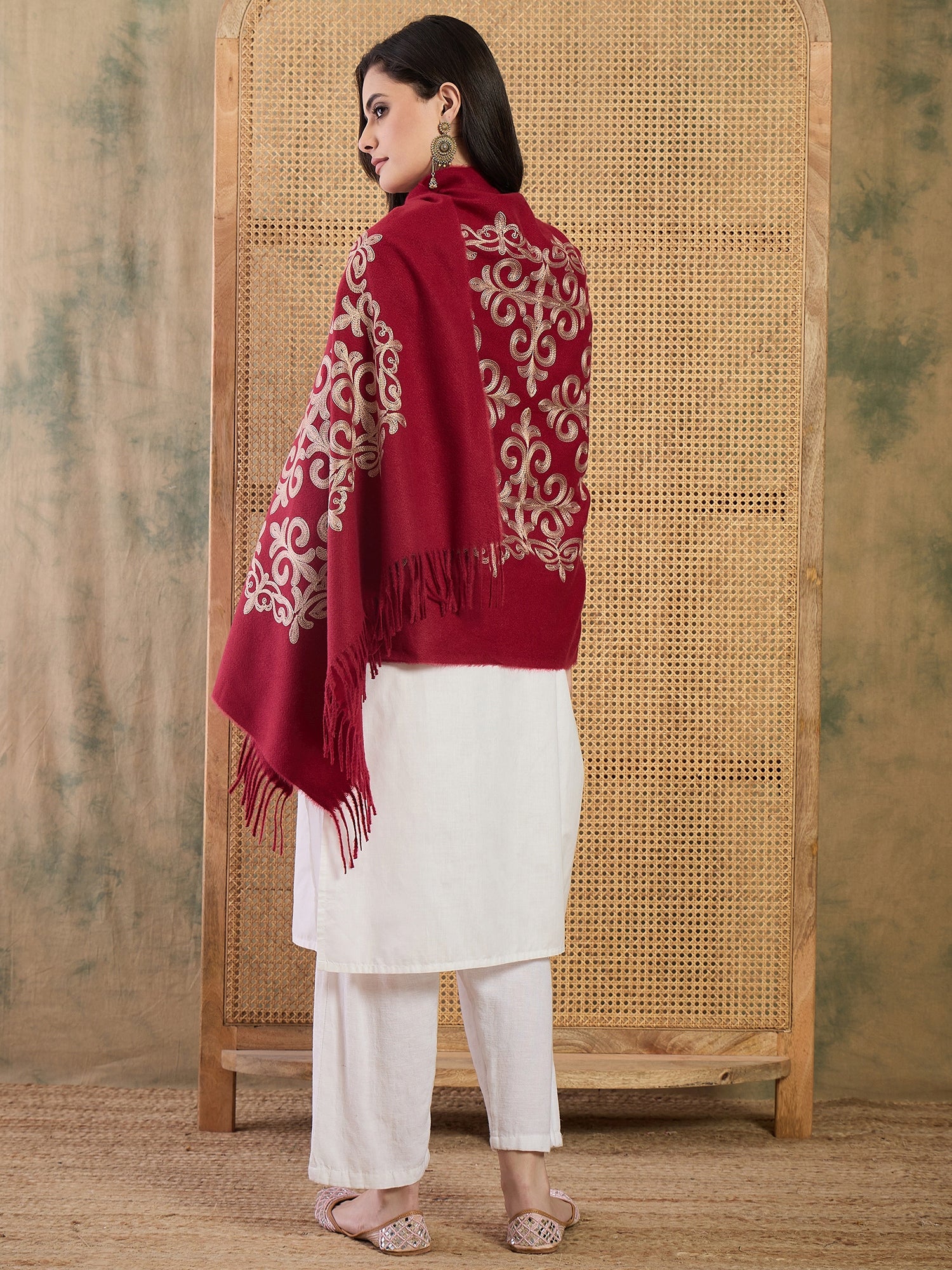 Red Aari Work Shawl