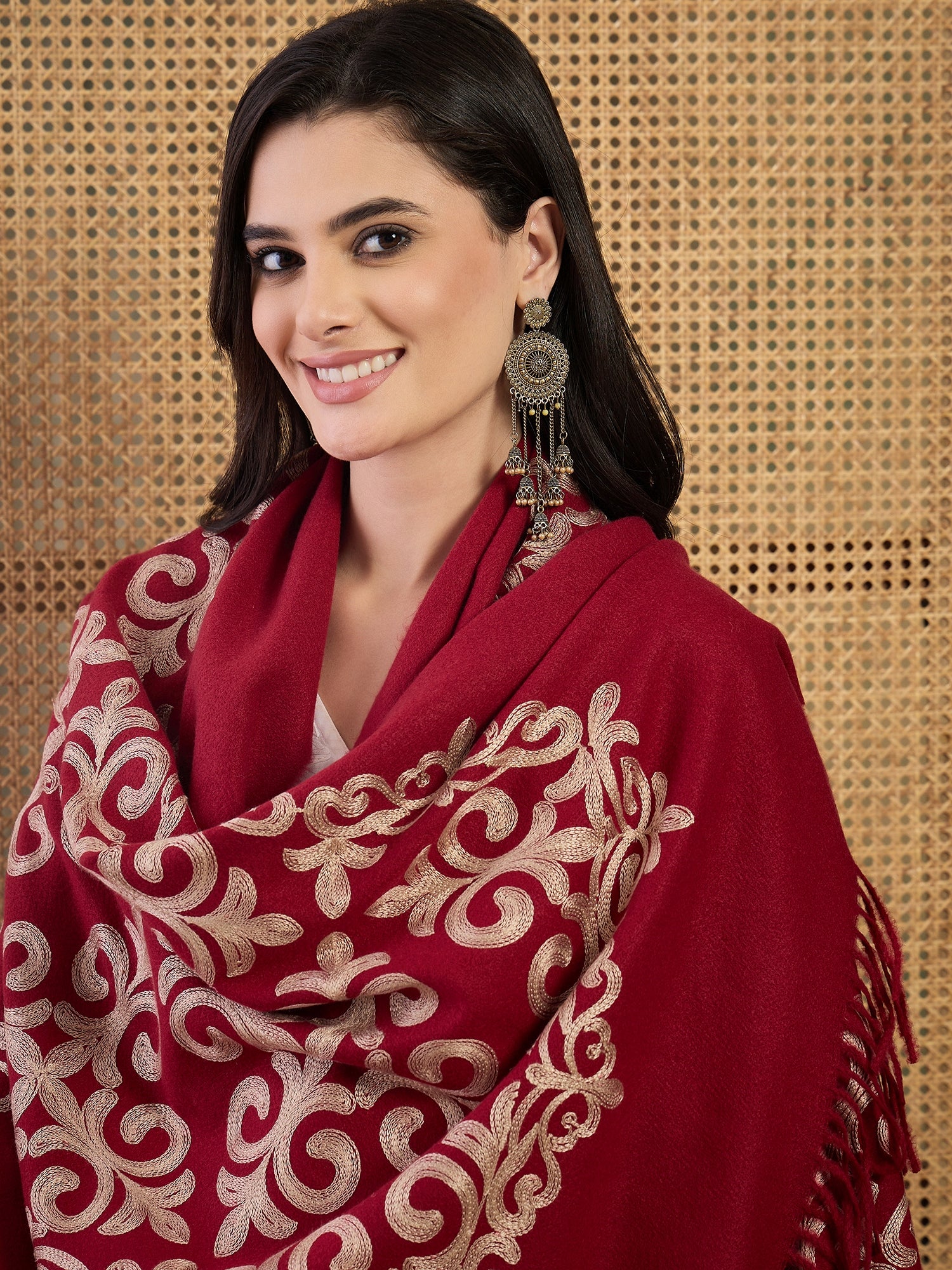 Red Aari Work Shawl