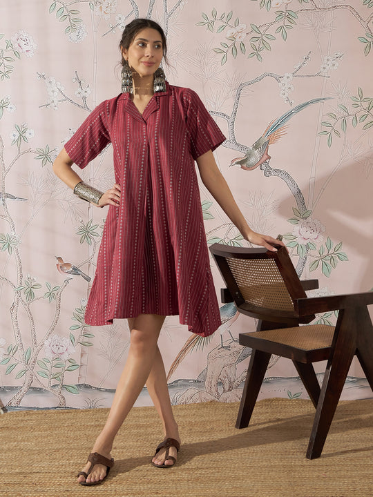 MAROON STRIPE KANTHA COLLAR DRESS