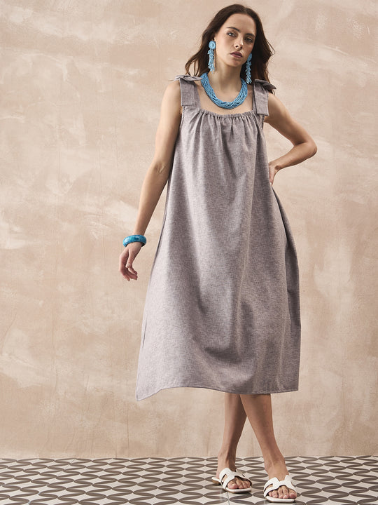 DULL GREY LINEN  PLEAT BOW DRESS