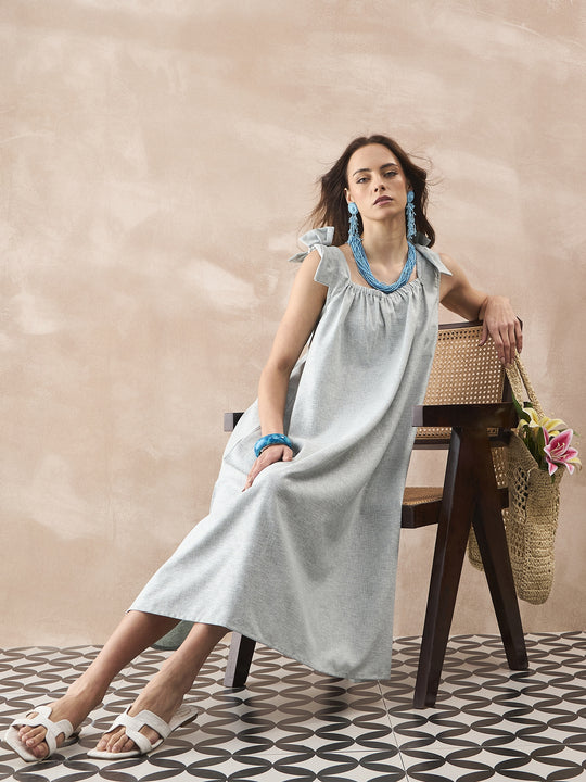 PISTACHIO LINEN PLEAT BOW DRESS