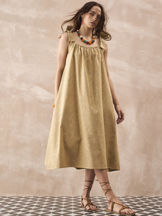 DULL KHAKI LINEN PLEAT BOW DRESS