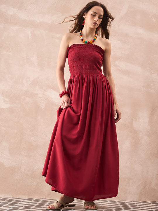 MAROON SOLID OFFSHOULDER DRESS