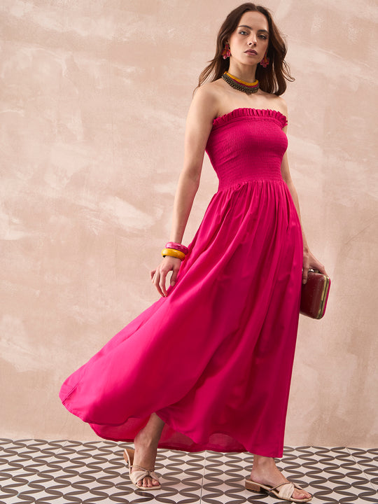 FUCHSIA SOLID OFFSHOULDER DRESS