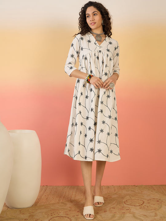 White Black Embroidery Flared Dress