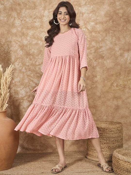 Peach Georgette R Neck Dress