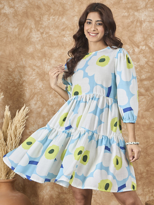 Sky blue Big Print Short Dress