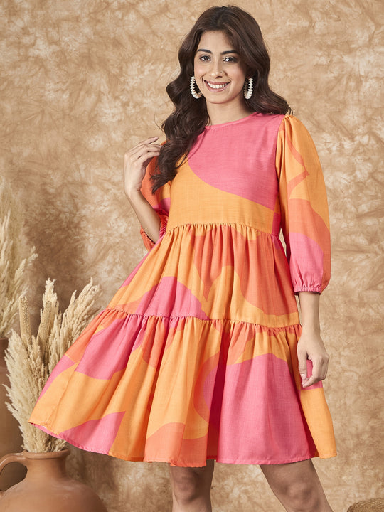 Peach Orange Print Short Dress