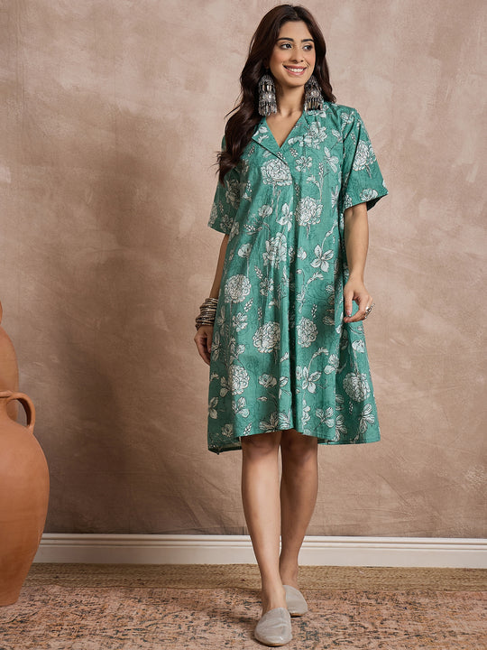 Aqua Green Floral Collar Dress