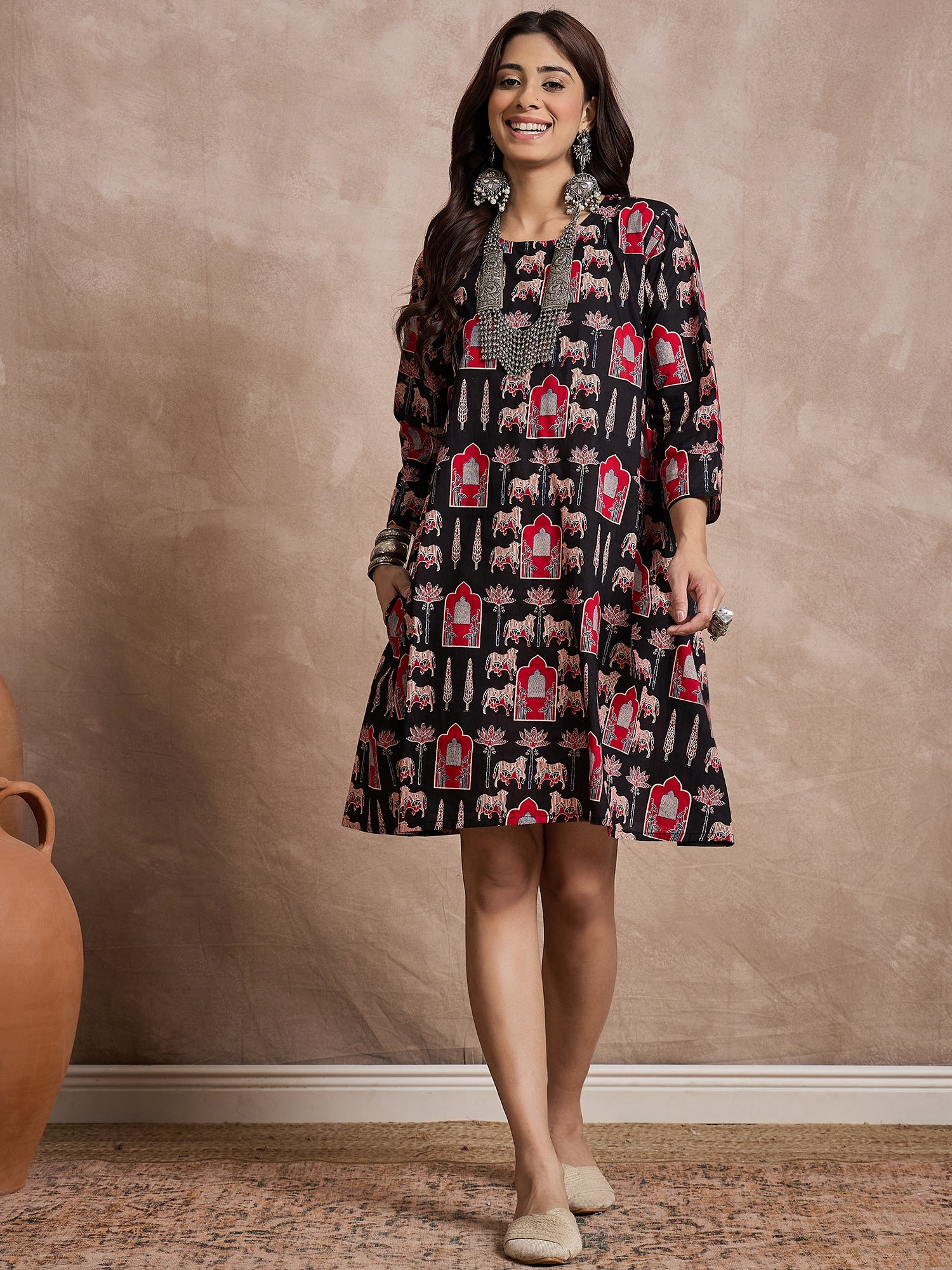 Black Red Animal Motif Short Dress