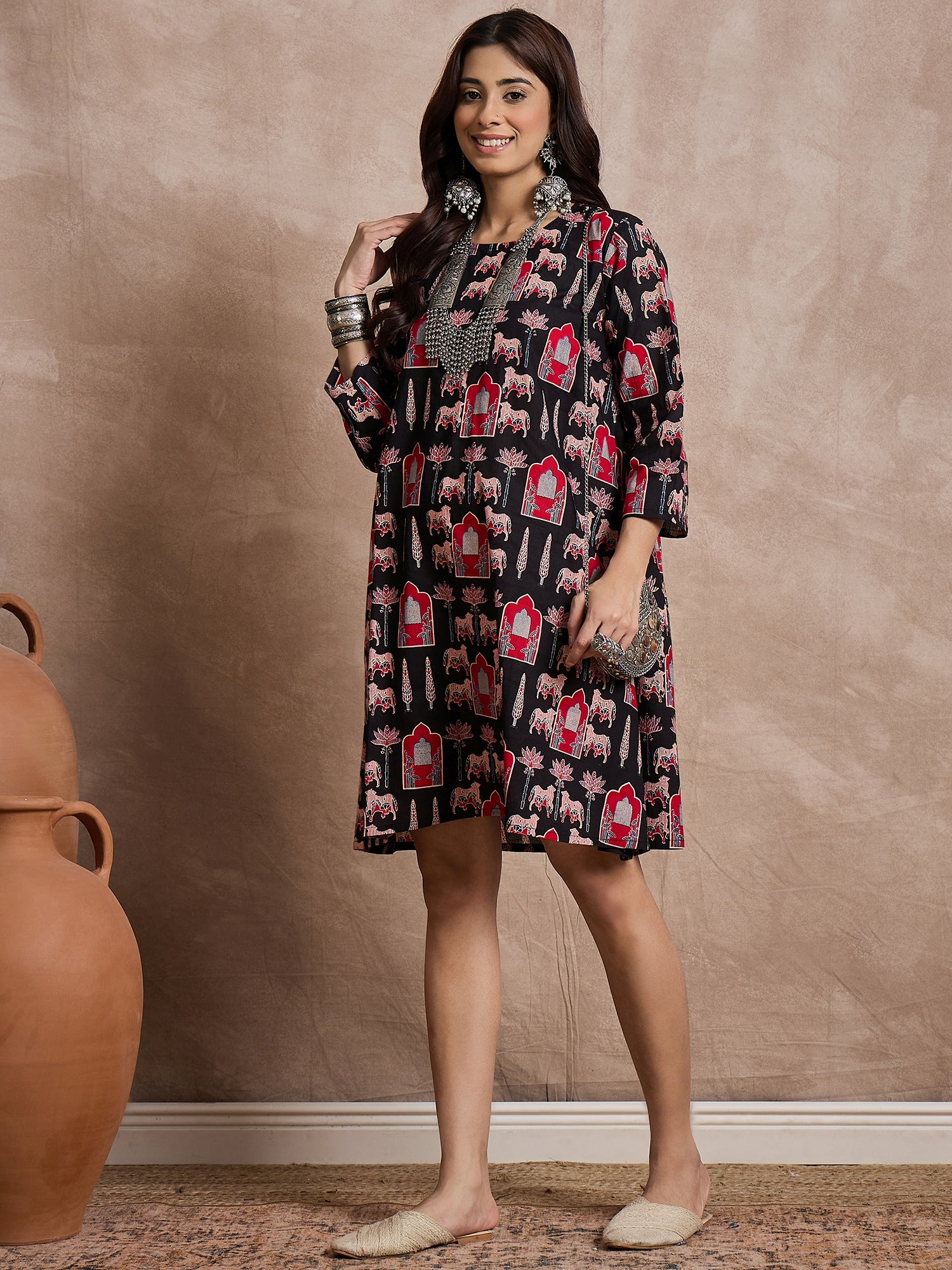 Black Red Animal Motif Short Dress