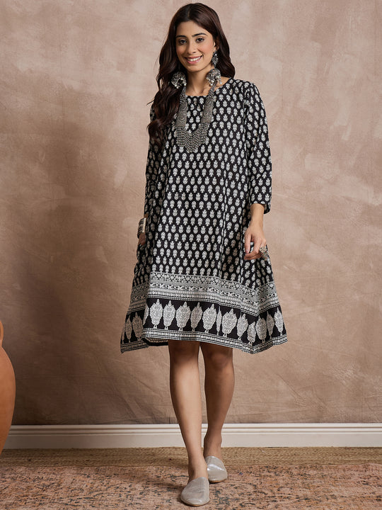 Black White Motif Short Dress