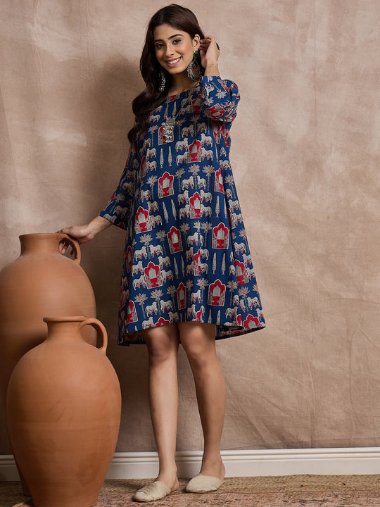 Blue Red Animal Motif Short Dress