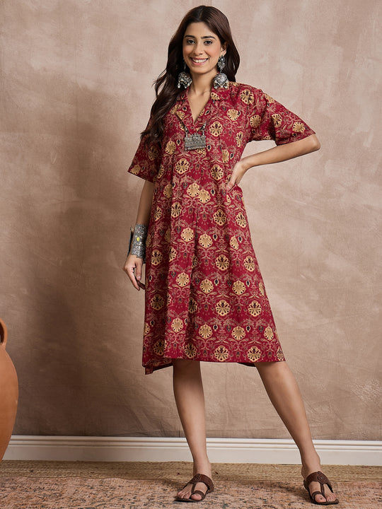 Brick Rust Print Collar Dress