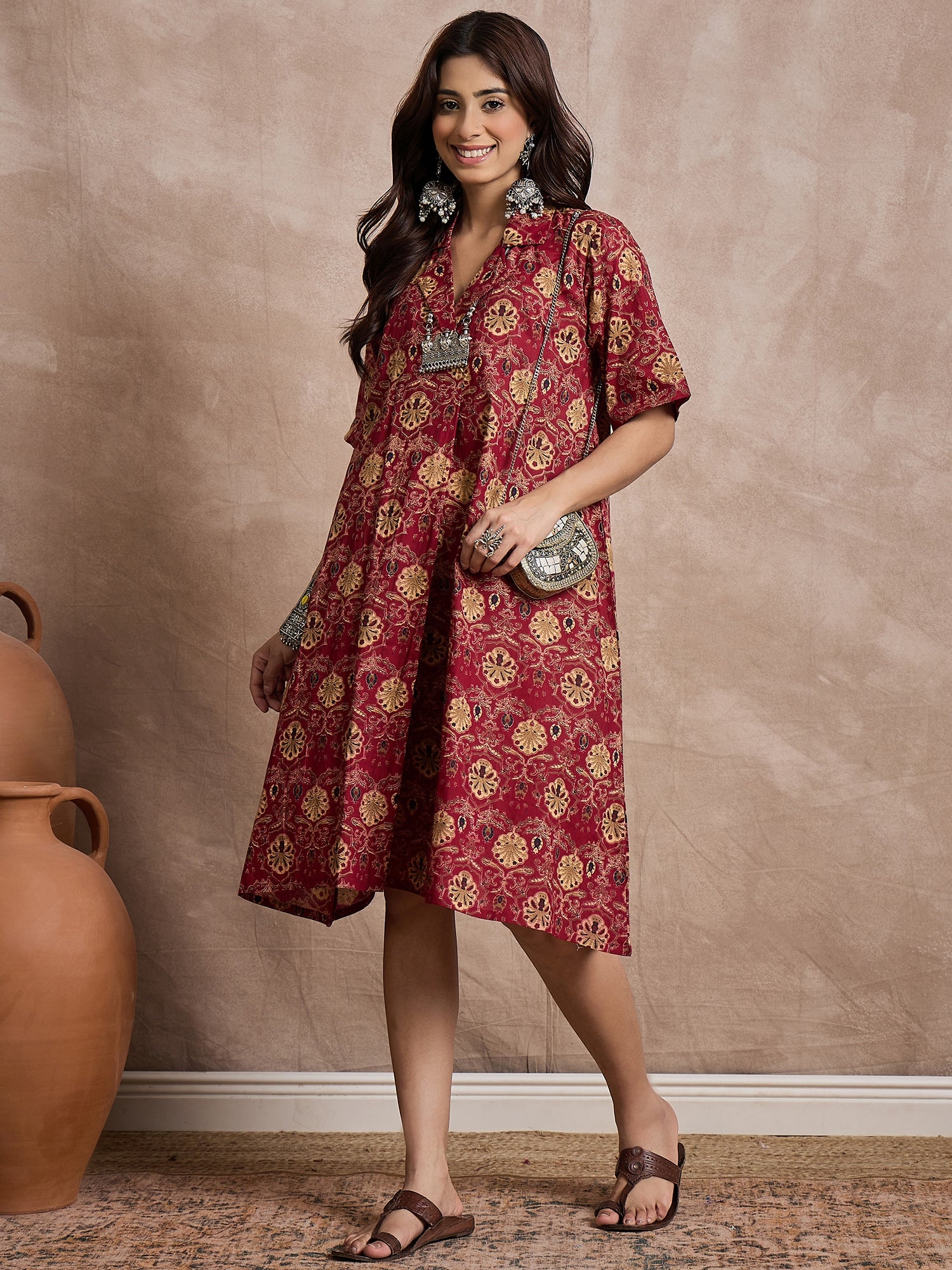 Brick Rust Print Collar Dress