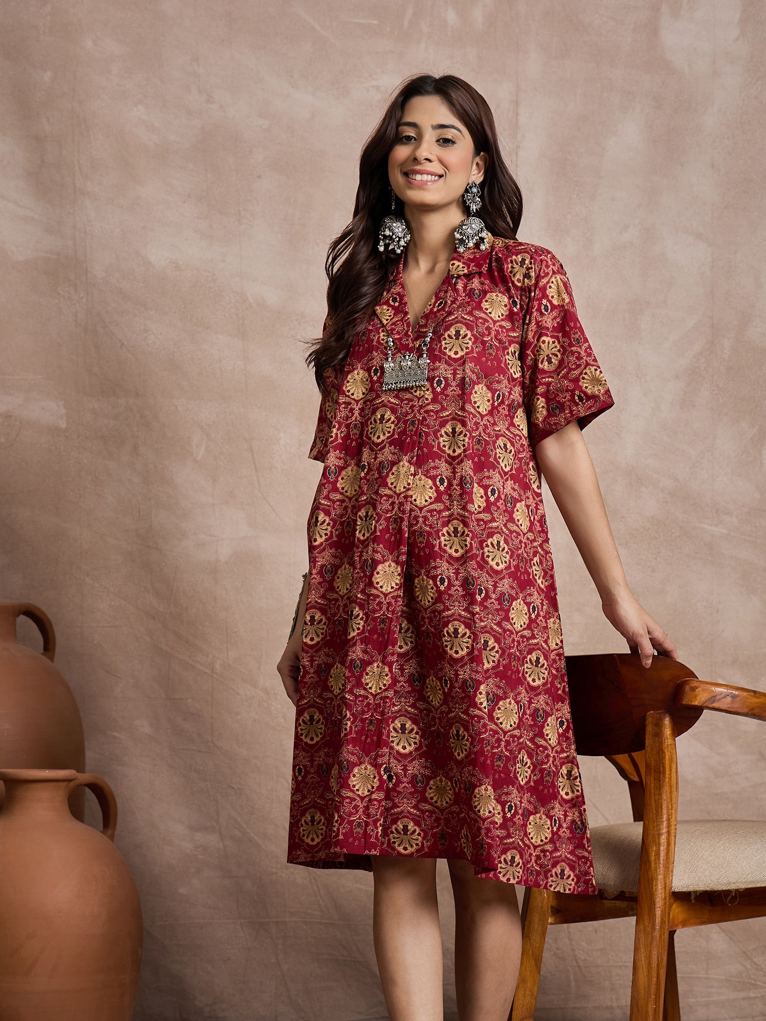 Brick Rust Print Collar Dress