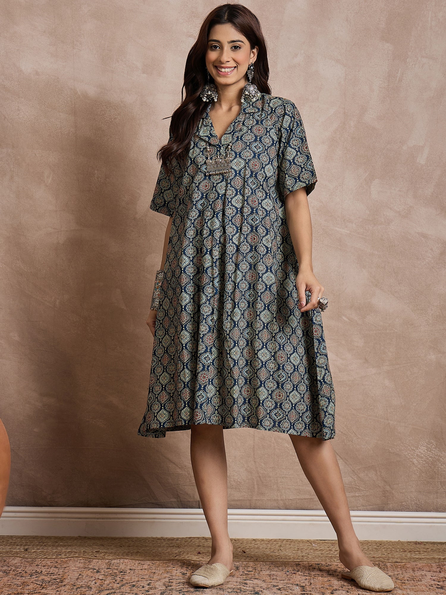 Classy Blue Ajrakh Print Collar Dress