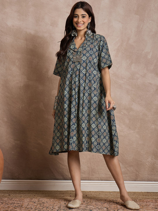 Classy Blue Ajrakh Print Collar Dress