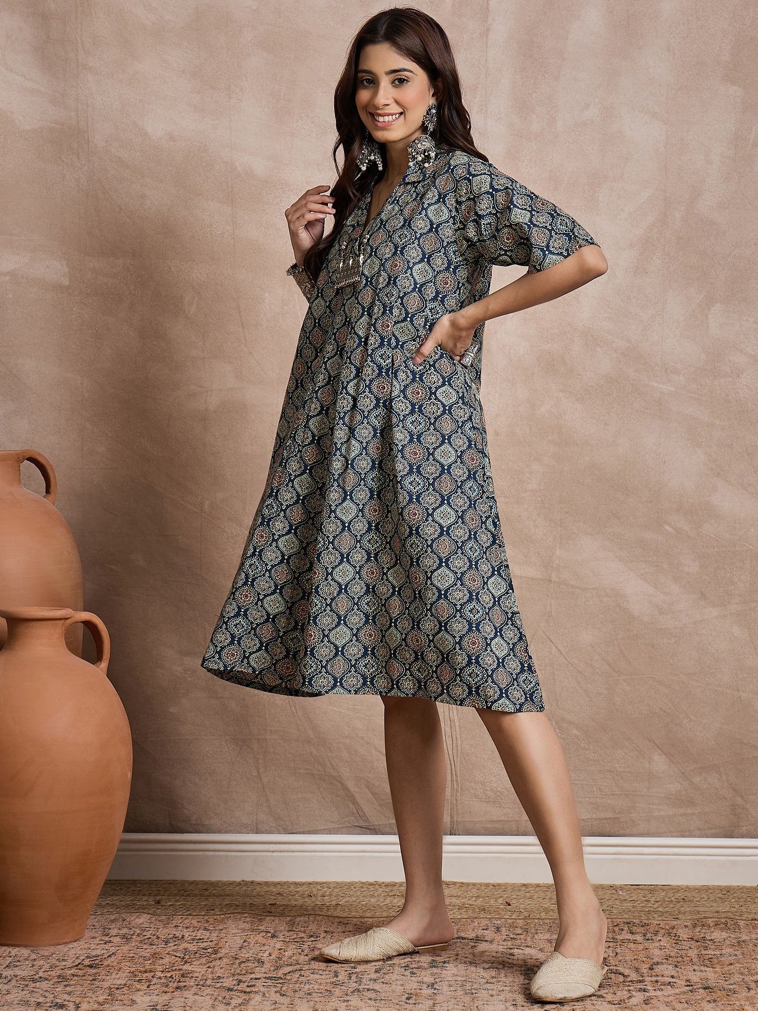 Classy Blue Ajrakh Print Collar Dress