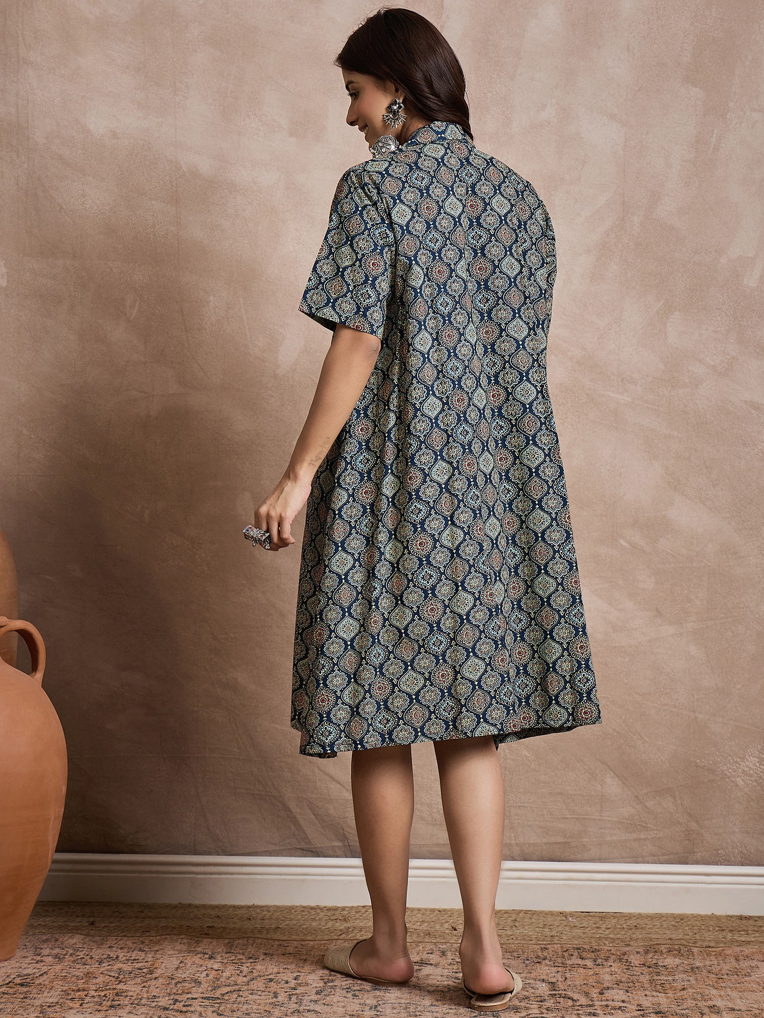 Classy Blue Ajrakh Print Collar Dress