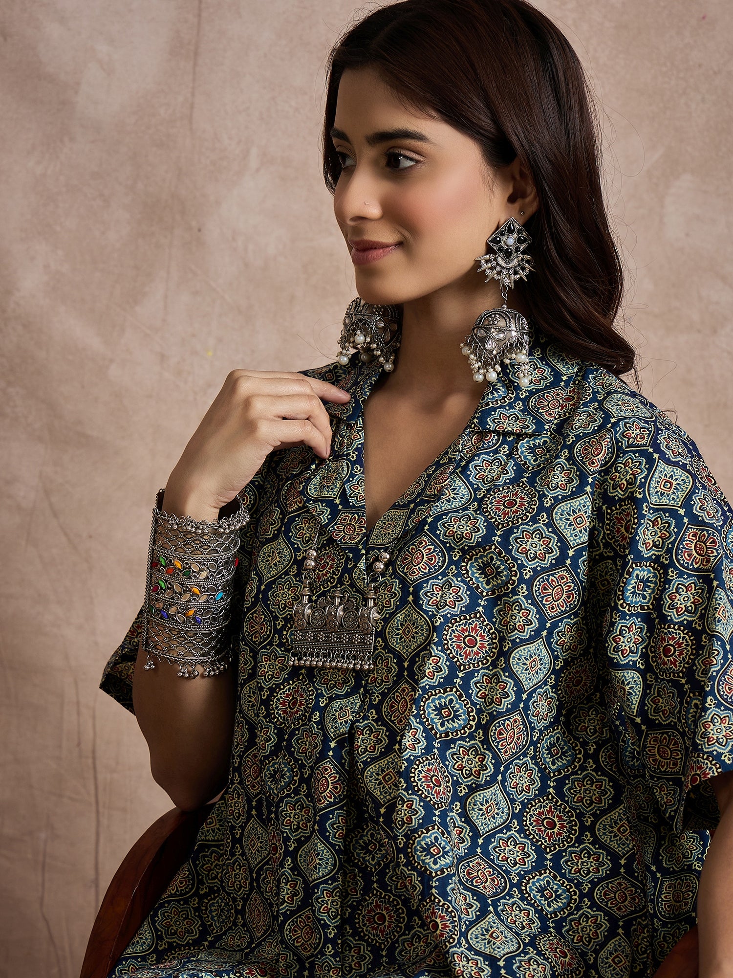 Classy Blue Ajrakh Print Collar Dress