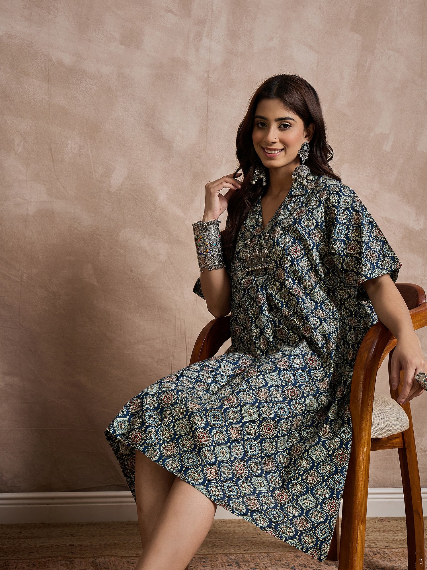Classy Blue Ajrakh Print Collar Dress