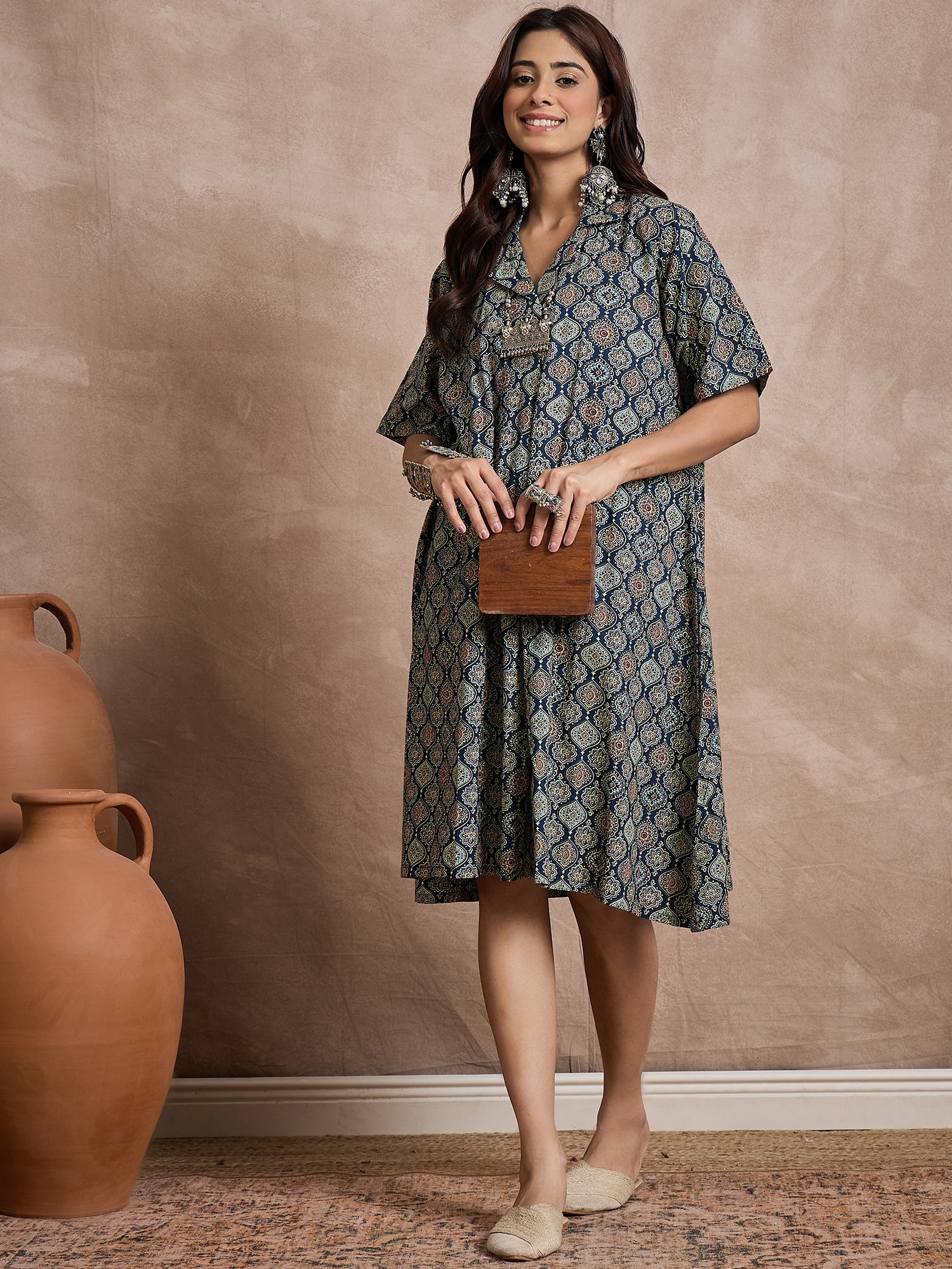 Classy Blue Ajrakh Print Collar Dress