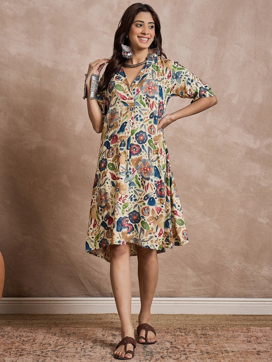 Cream Blue Motif Collar Dress