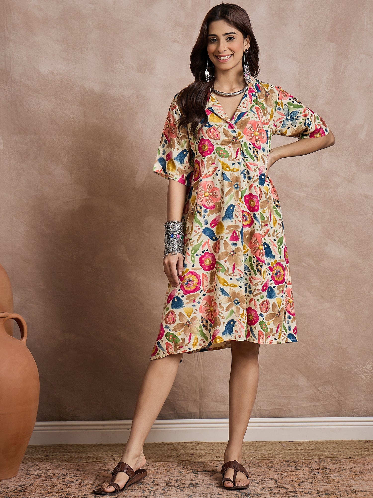 Cream Peach Motif Collar Dress