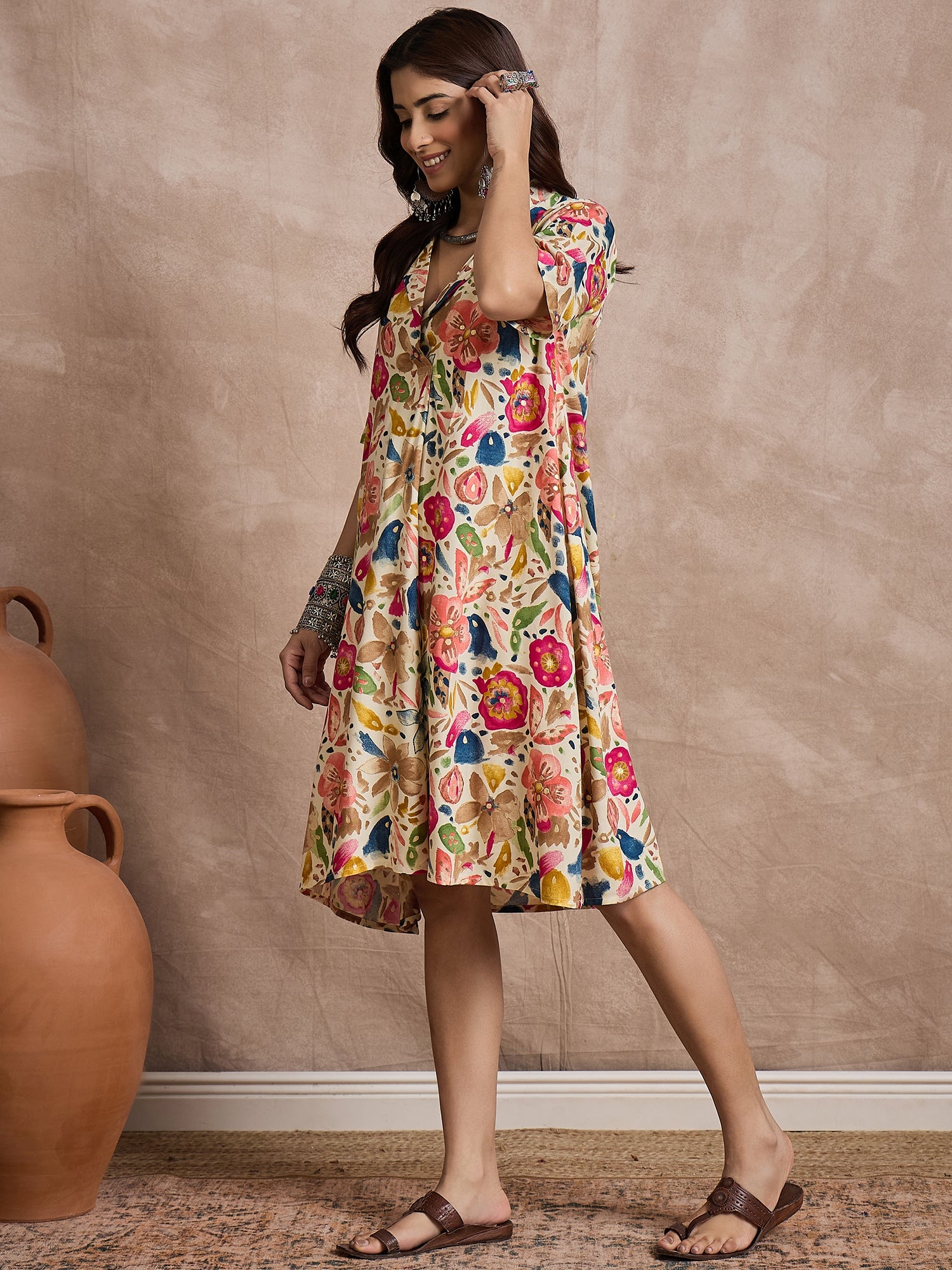 Cream Peach Motif Collar Dress