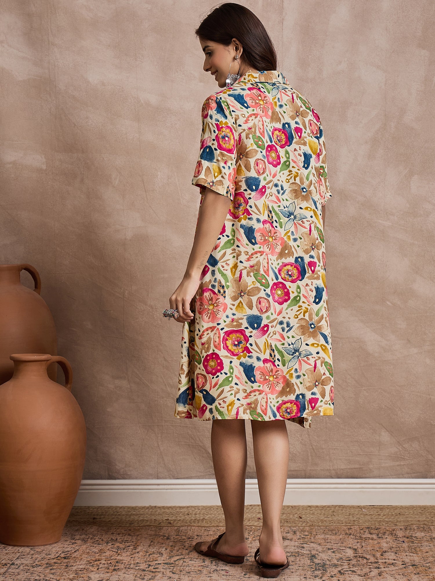 Cream Peach Motif Collar Dress