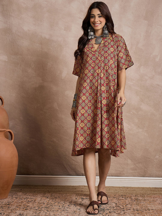 Maroon Mustard Ajrakh Collar Dress