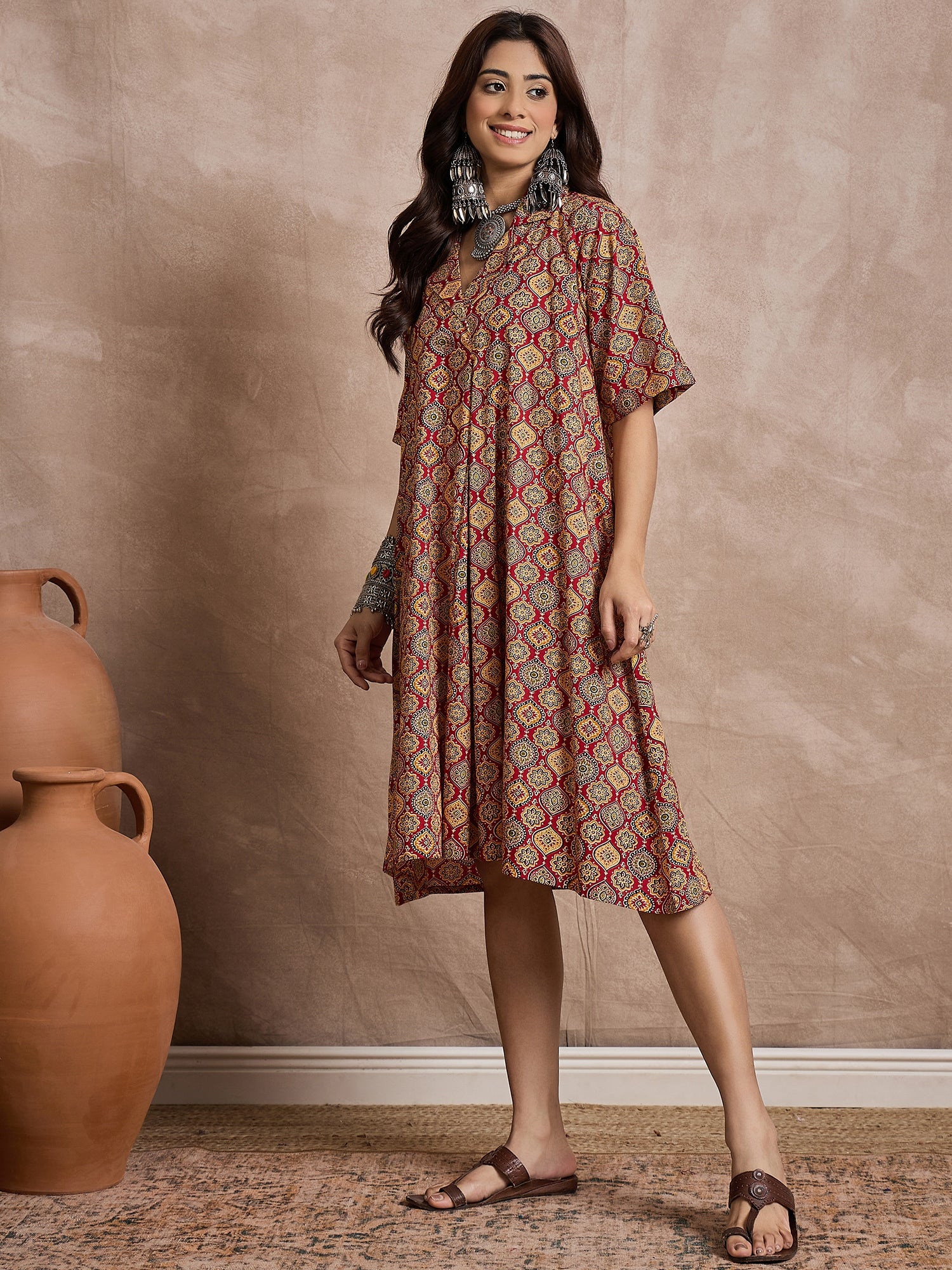 Maroon Mustard Ajrakh Collar Dress