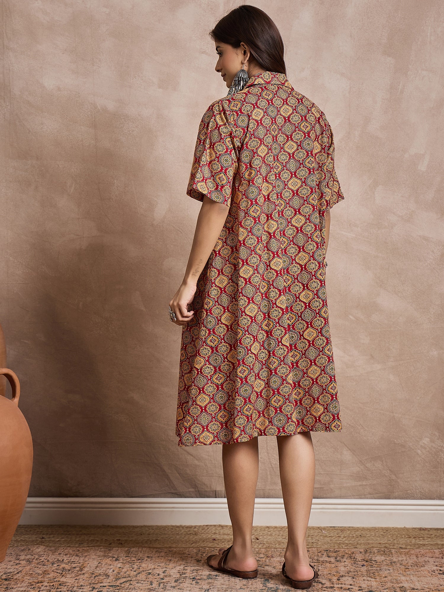 Maroon Mustard Ajrakh Collar Dress