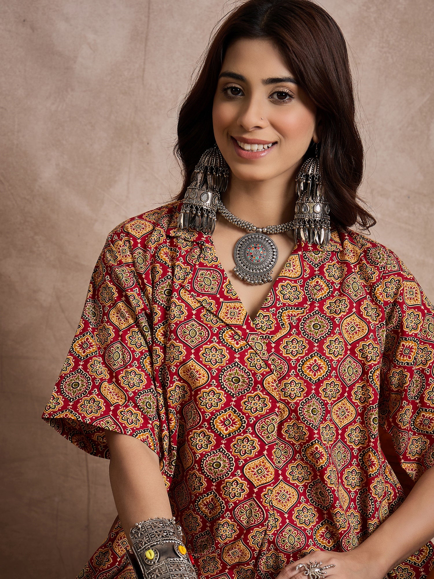 Maroon Mustard Ajrakh Collar Dress
