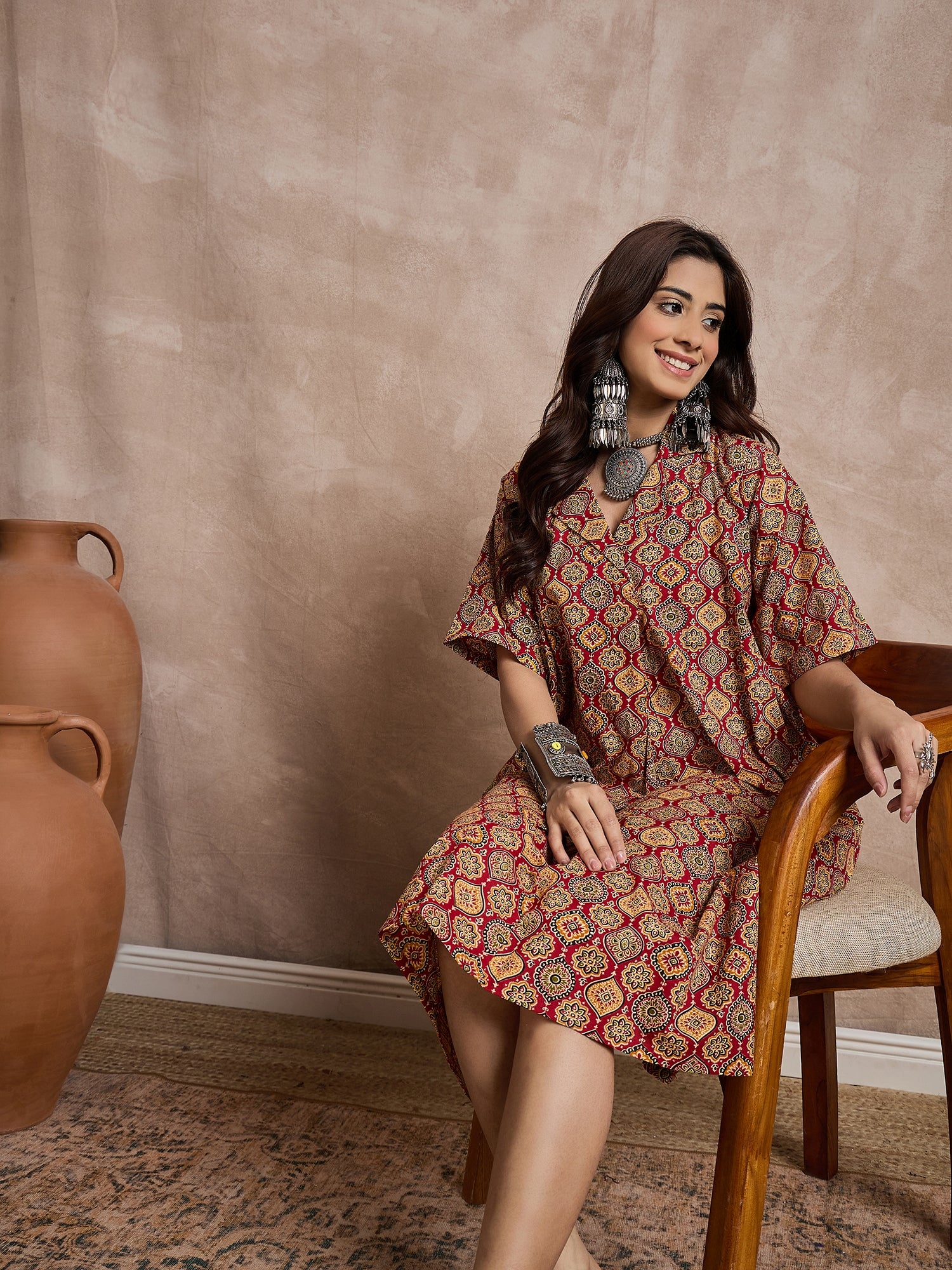 Maroon Mustard Ajrakh Collar Dress