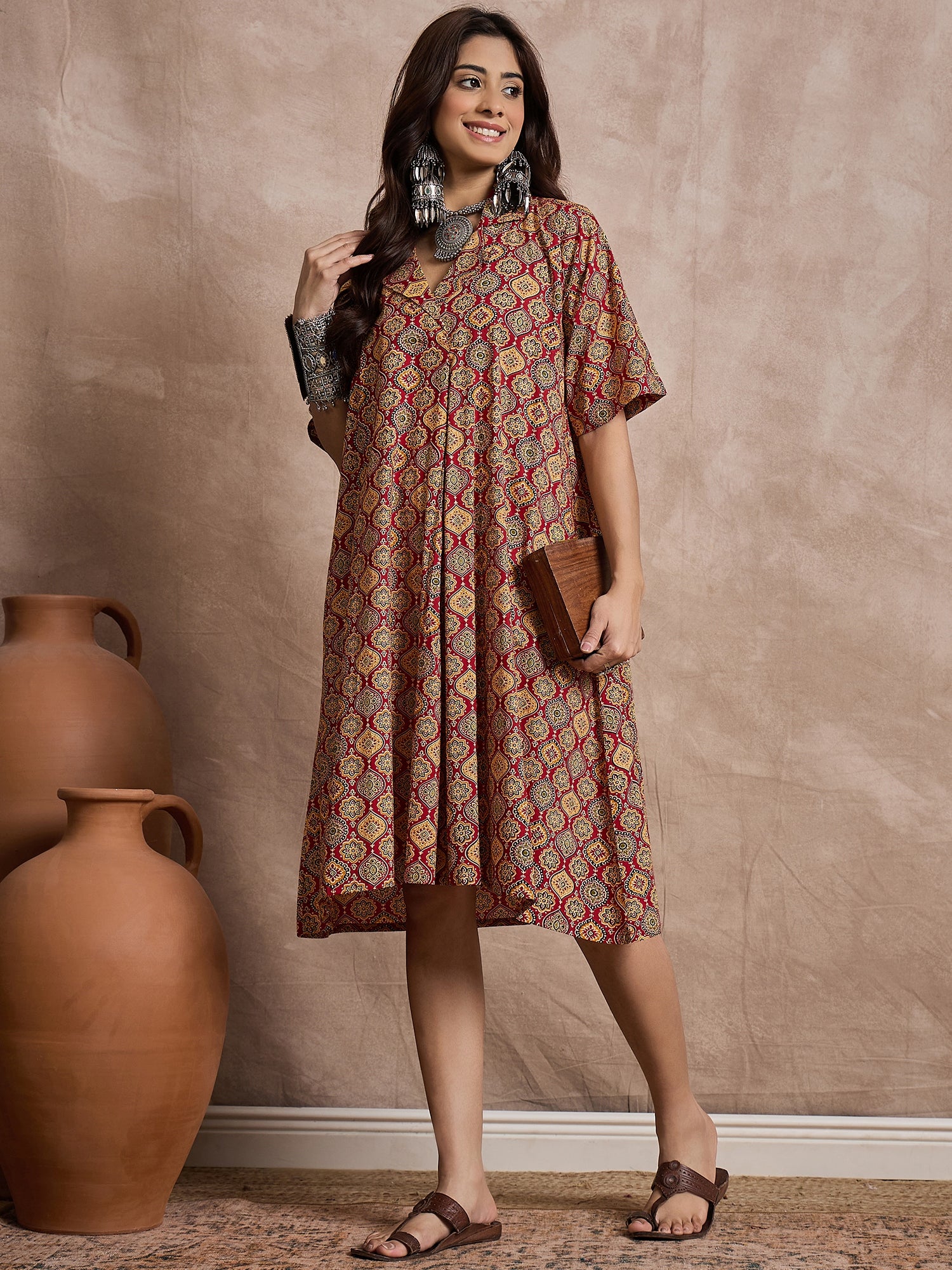Maroon Mustard Ajrakh Collar Dress