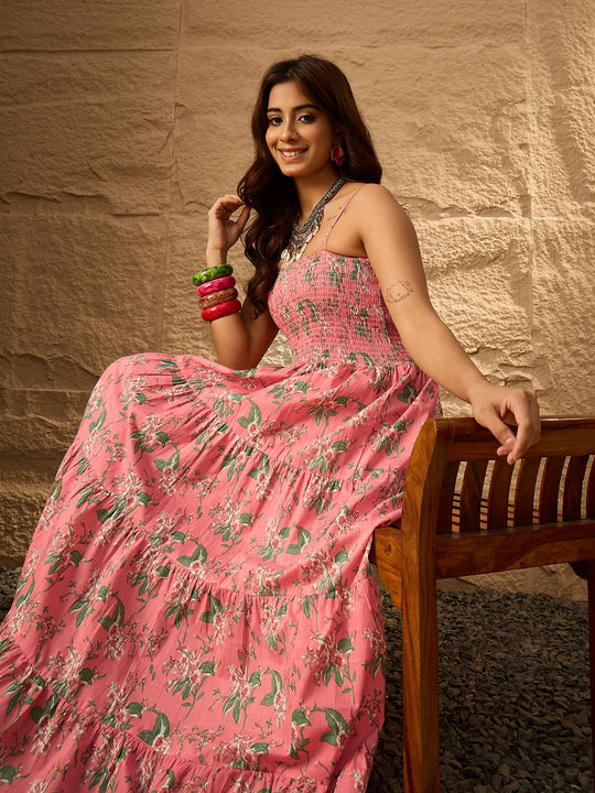 Peach Floral Print Tiered Dress