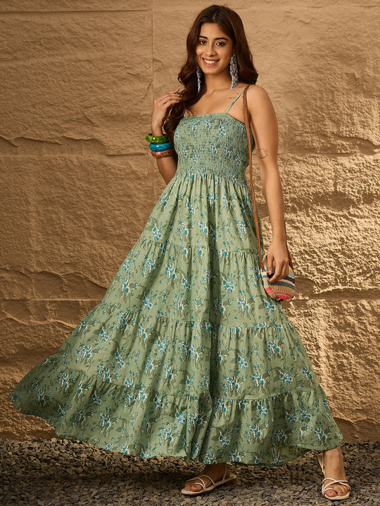 Light Green Floral Tiered Dress