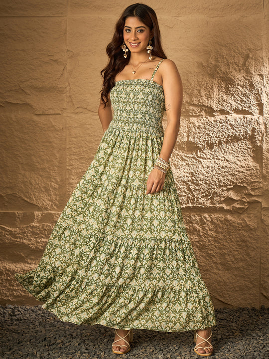 Apple Green Ikkat Tiered Dress