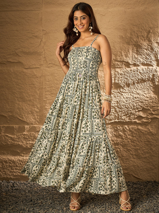 Sea Green Ethnic Window Tiered Dress